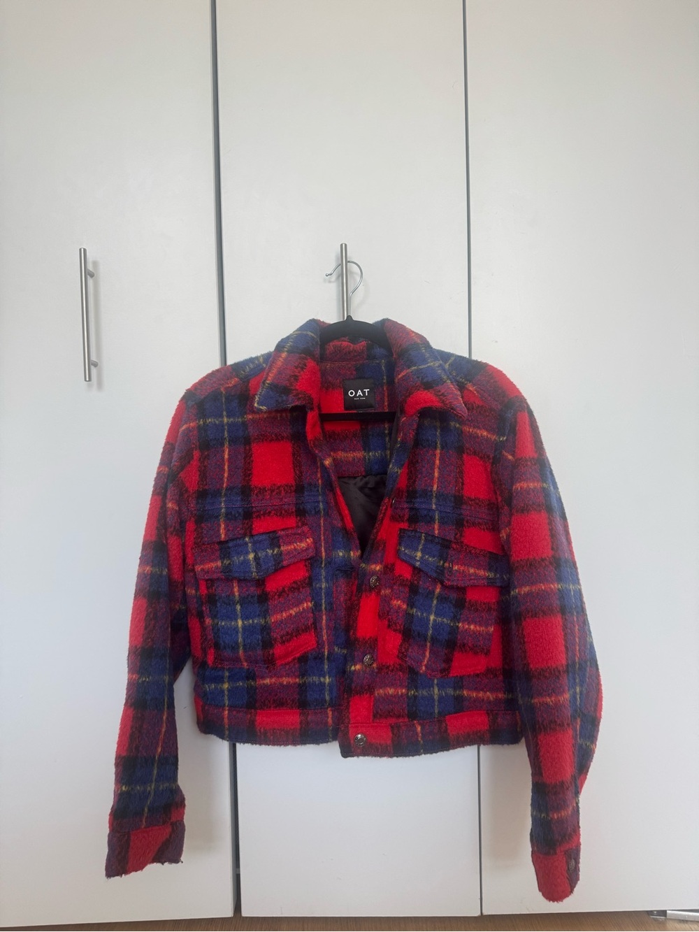 Oat New York Red and Navy Plaid Wool-Blend Cropped Jacket
